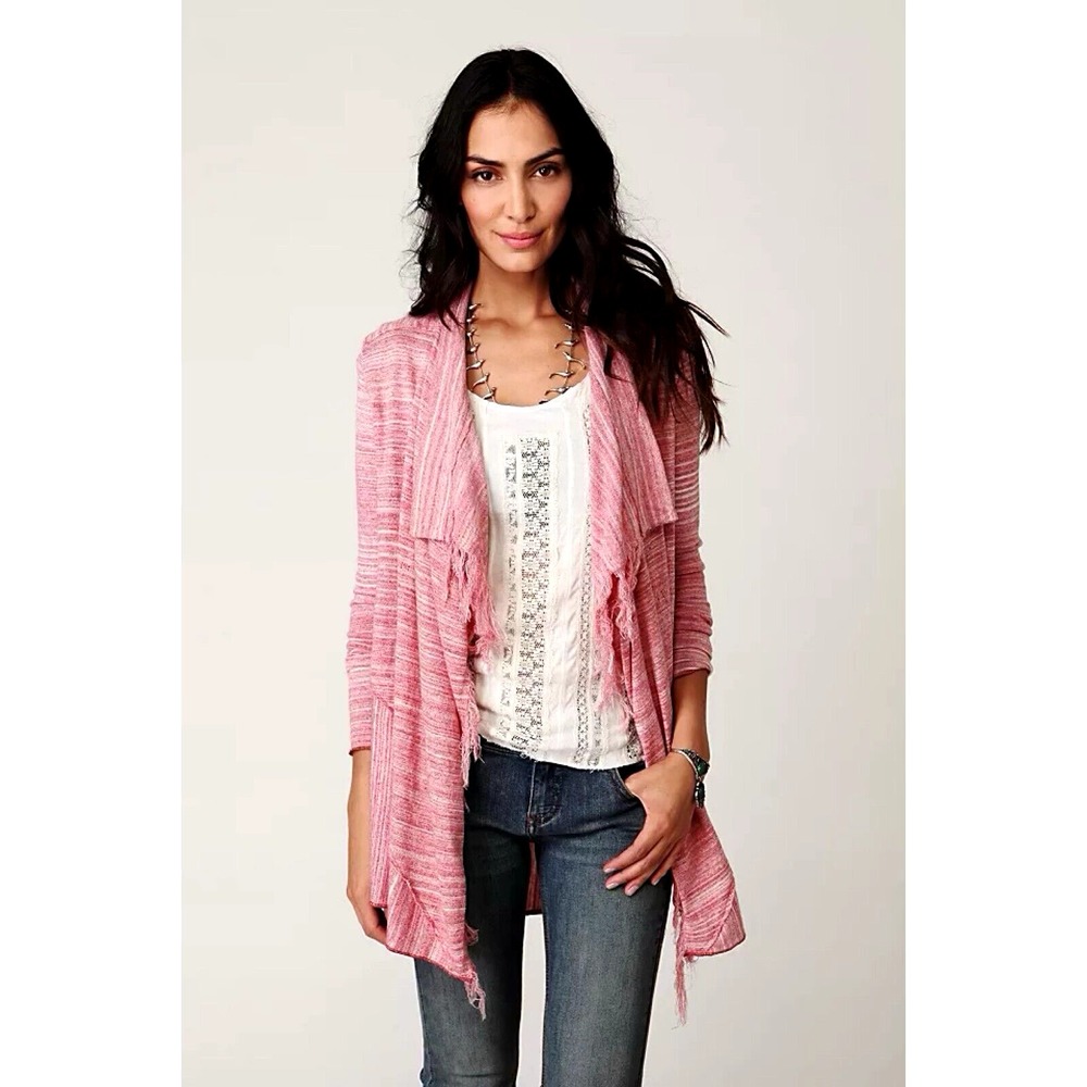 Free People Cardigan Women Medium Pink Waterfall Drape Bow Back Frayed Knit